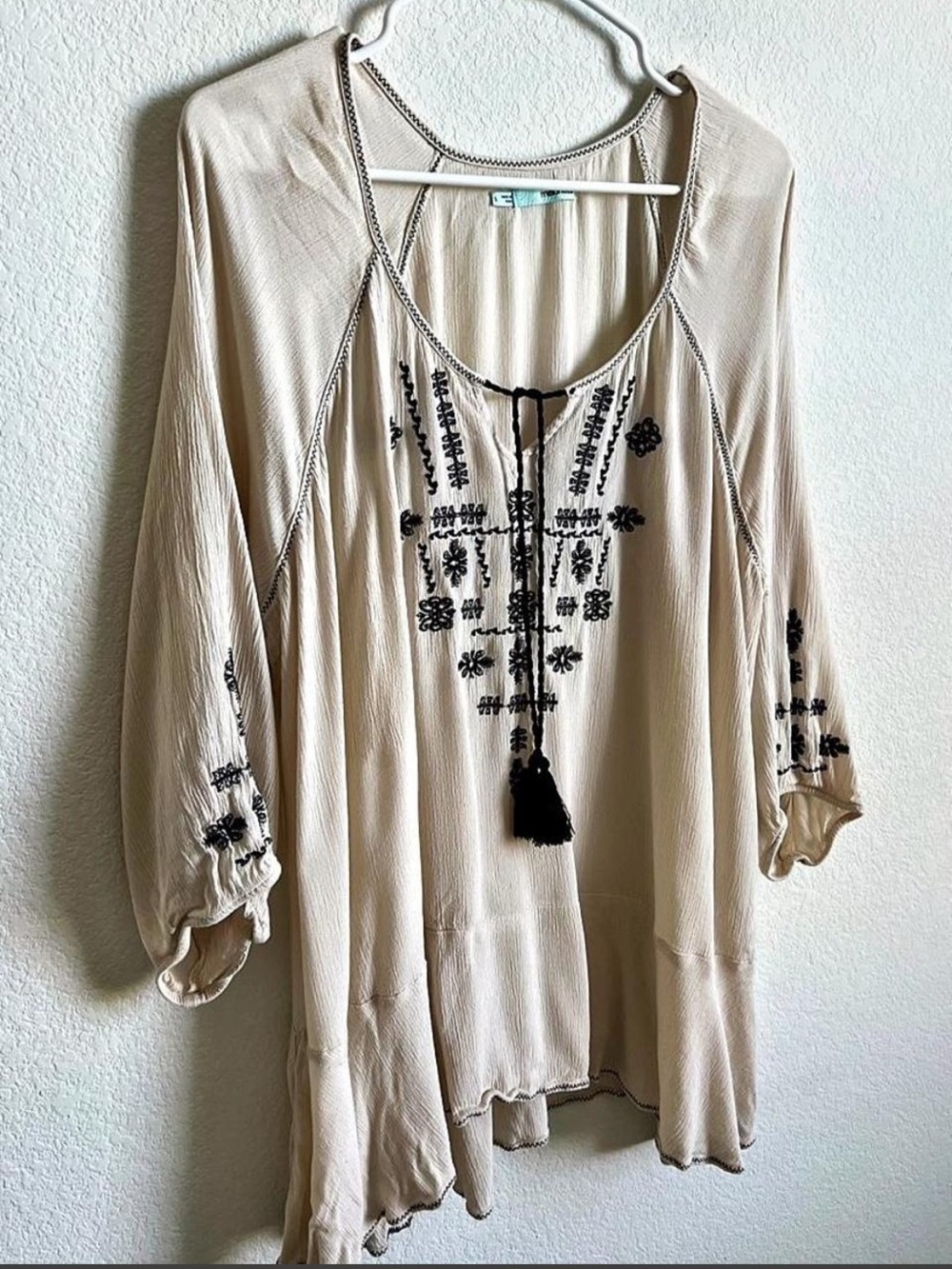 Boho Embroidered Peasant Top in Cream with Black Accents - Picture 4 of 8